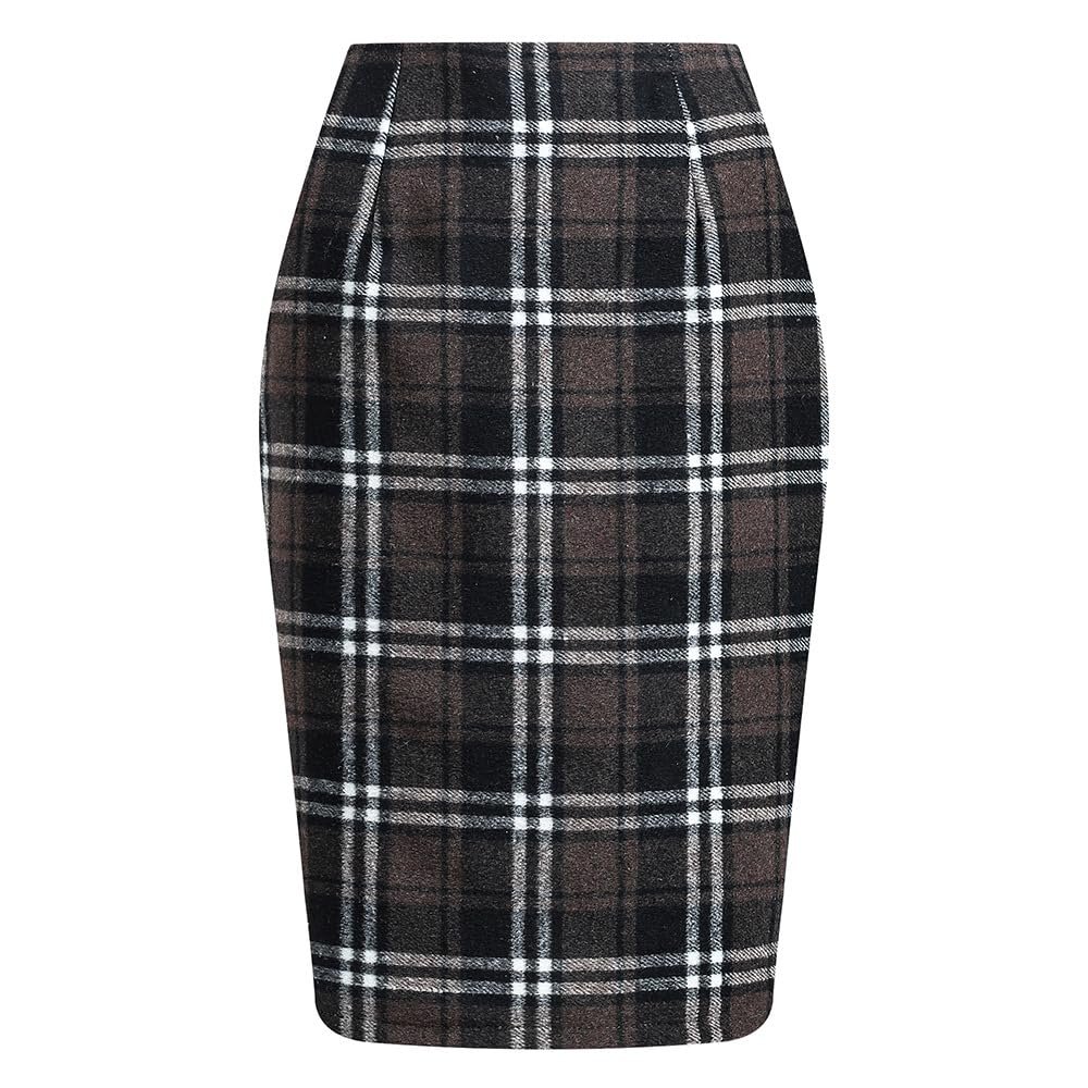 RanRui Women's Plaid Mini Skirt Pencil Skirt Plaid Skirt Autumn and Winter high Waist Tight Knee Length Wool mid-Length Skirt High Waisted Bodycon Pencil Skirt, (Dark Coffee Grid,XXL)