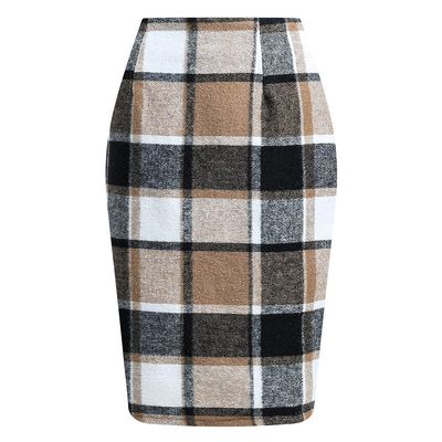 RanRui Women's Plaid Mini Skirt Pencil Skirt Plaid Skirt Autumn and Winter high Waist Tight Knee Length Wool mid-Length Skirt High Waisted Bodycon Pencil Skirt, (deep Khaki,M)