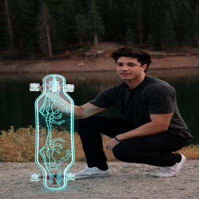 GHOST BOARDS Custom Longboard - Clear Long Boards with LED Wheels and Remote Control for Night Riding - Acrylic Skateboard Delivers Style, Stability, and Smooth Performance - 40" - Skeleton Hands