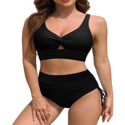 ZAFUL High Waisted Bikini Sets for Women Full Coverage Swimsuit Two Piece Tummy Control Bathing Suits Knot Twist Cut Out Modest Swim Suits 2026 Solid Black M
