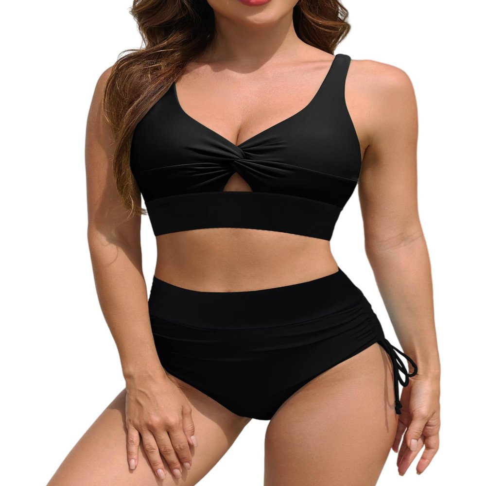 ZAFUL High Waisted Bikini Sets for Women Full Coverage Swimsuit Two Piece Tummy Control Bathing Suits Knot Twist Cut Out Modest Swim Suits 2026 Solid Black M