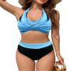 ZAFUL Womens Green Bikini High Waisted Bathing Suits Tummy Control Two Piece Vintage Swimsuits Push Up Modest Swimwear Halter Retro Swimming Suits Blue Striped M view 1