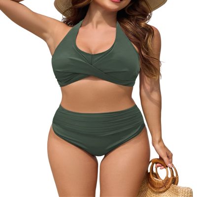 ZAFUL High Waisted Bikini Sets for Women 2 Piece Swimsuits Modest Tummy Control Bathing Suits Crisscross Swimwear Army Green L