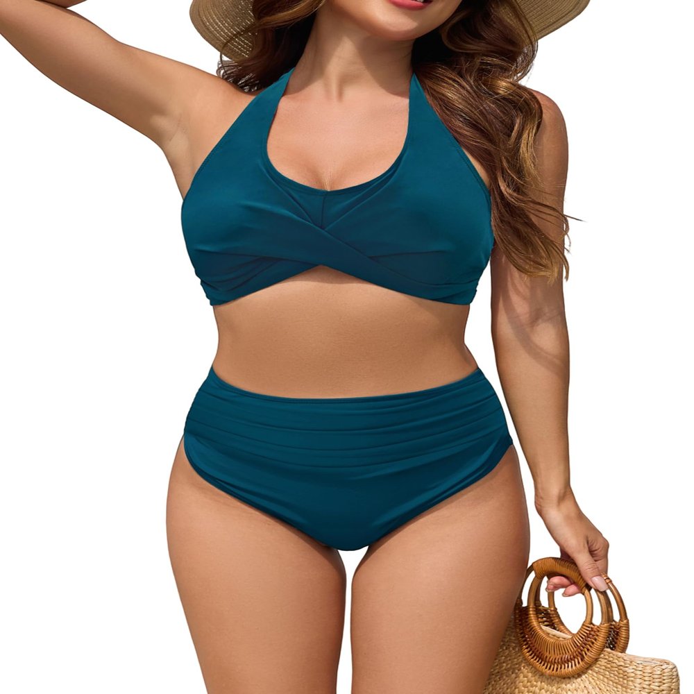 ZAFUL High Waisted Swimsuit Tummy Contro Bathing Suits Vintage Crisscross Bikini Sets Full Coverage Swimming Suits Teal XL