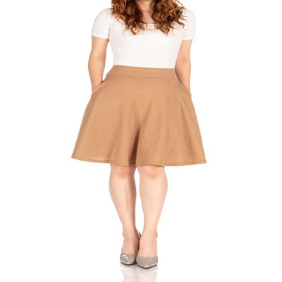Dani's Choice High-Waisted Cotton Blend Skirt with Pockets - Knee Length A-line Flare for Business and Casual Wear Tan Beige XS