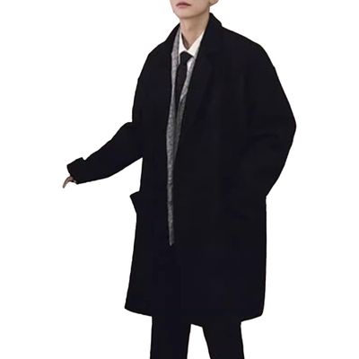 Qolkmuiy-GJ Men's Casual Cotton Blend Peacoat Winter Woolen 2 Buttons Trench Slim Single Breasted Long Overcoat (Black,XX-Large)