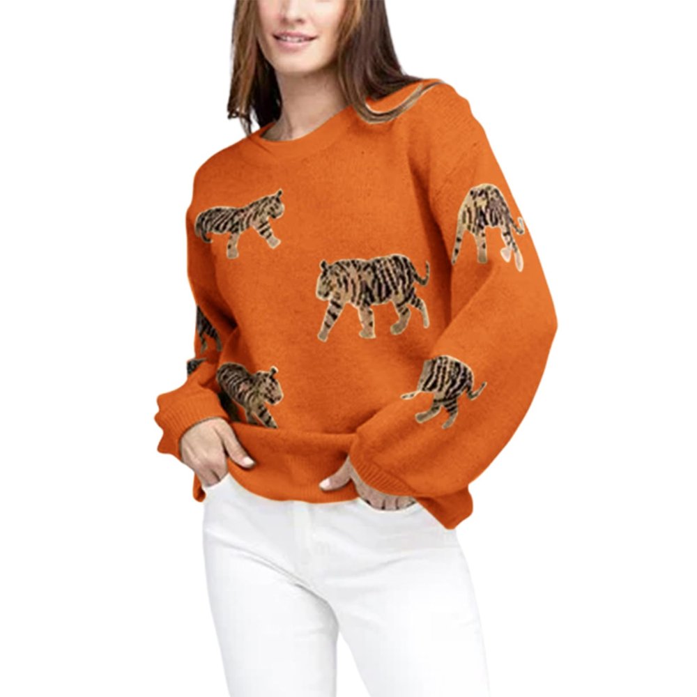 Women Oversized Knit Sweater Tiger Print Long Sleeve Pullover Tops Aesthetic Clothes Streetwear Knitwear (Orange, L)