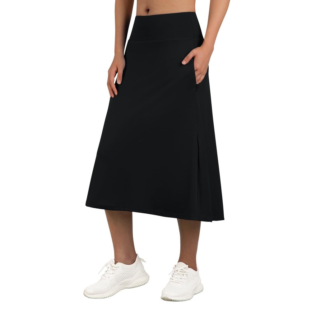 ANIVIVO Women's 28" Midi Length Skirts with Pockets Modest Skirts Long Knee Length Athletic(Black L)