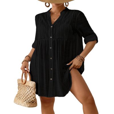 Bsubseach Women Beach Cover Ups V Neck Button Down Swimsuit Coverup Summer Swim Long Sleeve Cover Up Dress Black