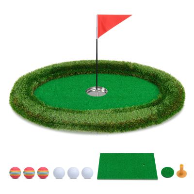 Goplus Oval Floating Golf Green for Pool, 37.5" x 25.5", Chipping Mat, 6 Golf Balls, Flag & Tee, Green, EVA, PP, PE, Silicone