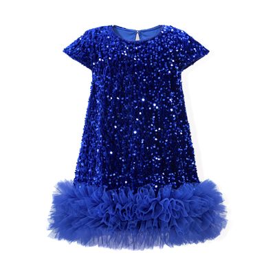 Miipat Toddler Girls Sequin Dress Sparkly Gown Party Dresses Little Kids A-Line Velvet Dress(Blue,5-6Years)