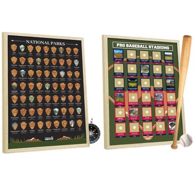 Framed US National Parks & Pro Baseball Stadiums Scratch Off Posters - Travel Maps & Wall Art - 12"x16" Parks & Updated 2024 Ballparks