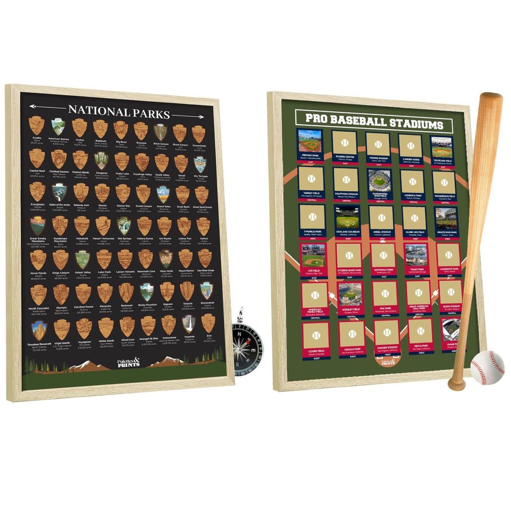 Framed US National Parks & Pro Baseball Stadiums Scratch Off Posters - Travel Maps & Wall Art - 12"x16" Parks & Updated 2024 Ballparks