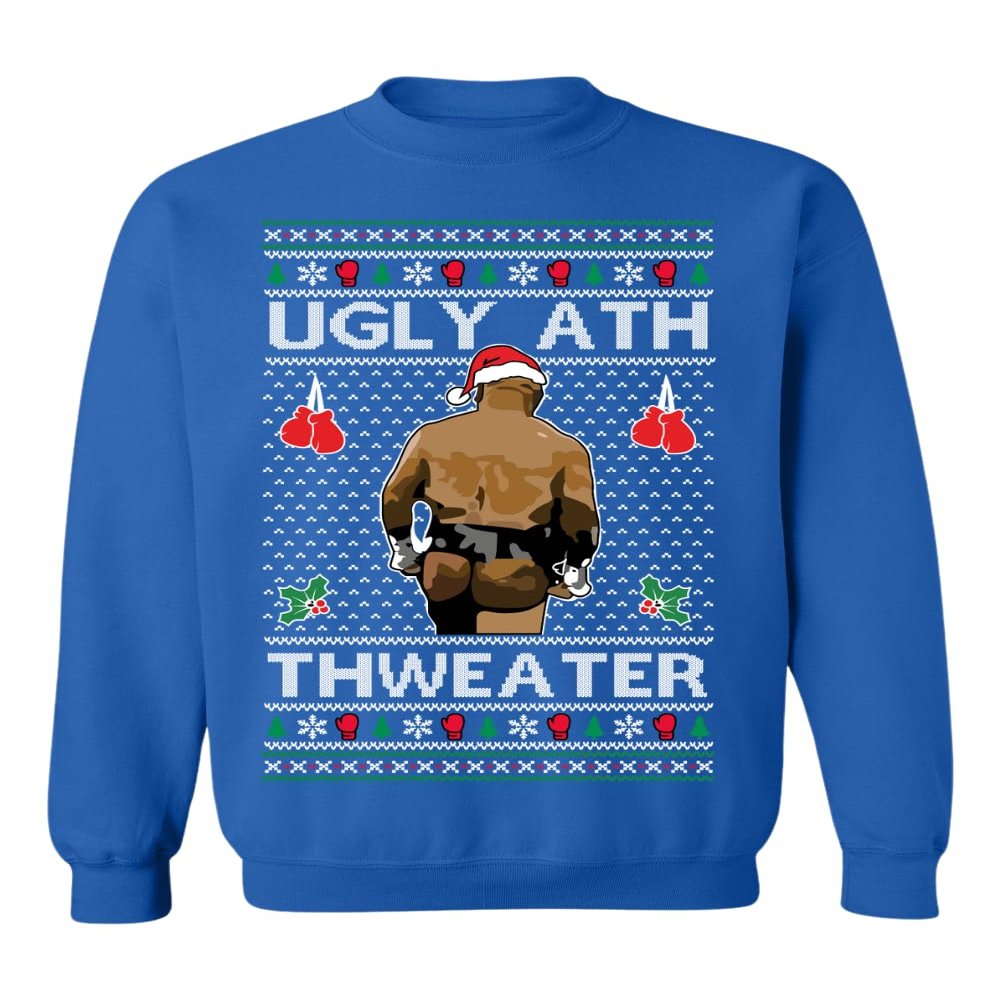 ALLNTRENDS Mike Tyson Merry Chrithmith Kith My Ath Funny Ugly Christmas Sweater Crewneck Sweatshirt (2XL, Royal Blue)