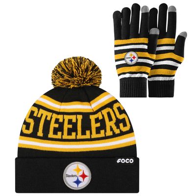 FOCO Pittsburgh Steelers NFL Stretch Gloves & Primary Stripe Pom Knit Cap Hat Winter Beanie - Bundle