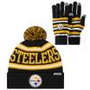 FOCO Pittsburgh Steelers NFL Stretch Gloves & Primary Stripe Pom Knit Cap Hat Winter Beanie - Bundle view 1