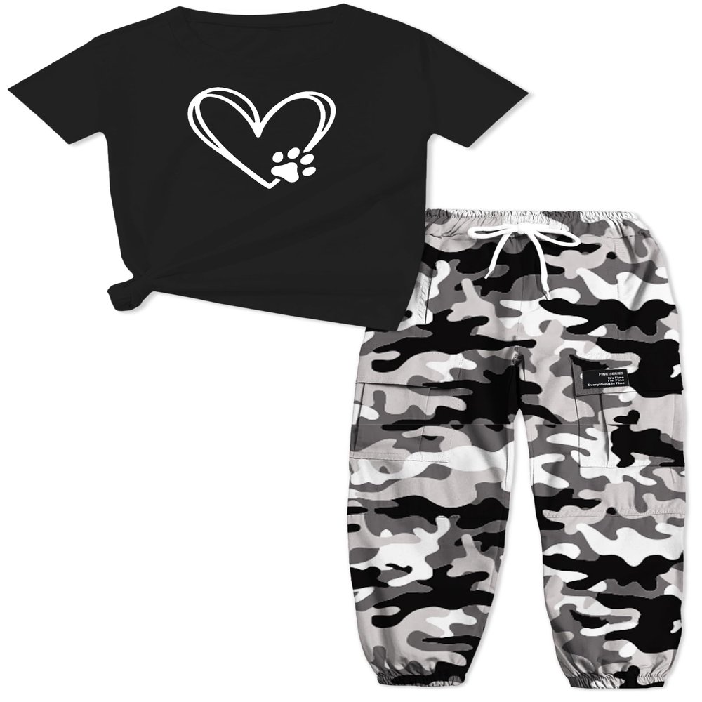 ARTMINE Girls' 2 Piece Clothing Sets Short Sleeve Crew Neck Heart Print T Shirt Drawstring Elastic Waist Camo Cargo Jogger Pants Outfits, US 7-8 Years = Tag 140