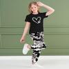 ARTMINE Girls' 2 Piece Clothing Sets Short Sleeve Crew Neck Heart Print T Shirt Drawstring Elastic Waist Camo Cargo Jogger Pants Outfits, US 7-8 Years = Tag 140 view 3