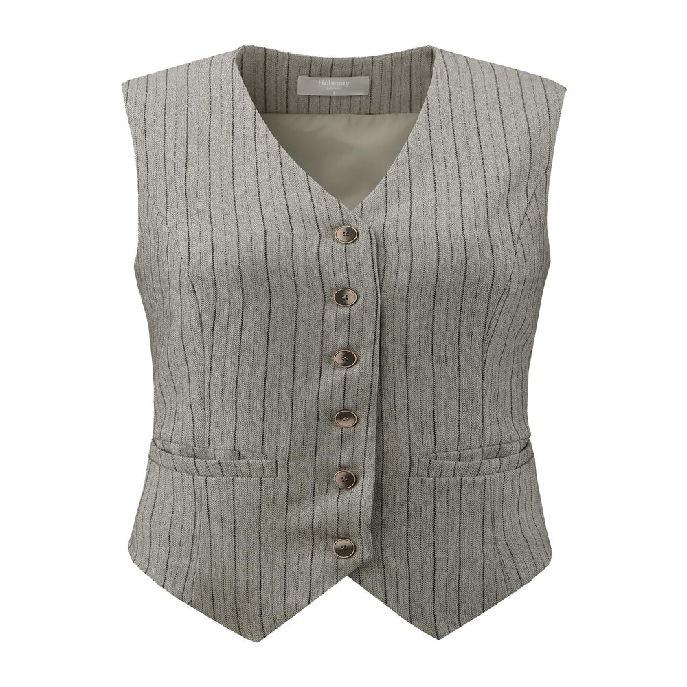 Hobemty Women's Pinstripe Waistcoat Button Down Vintage Striped Vest XX-Large Grey
