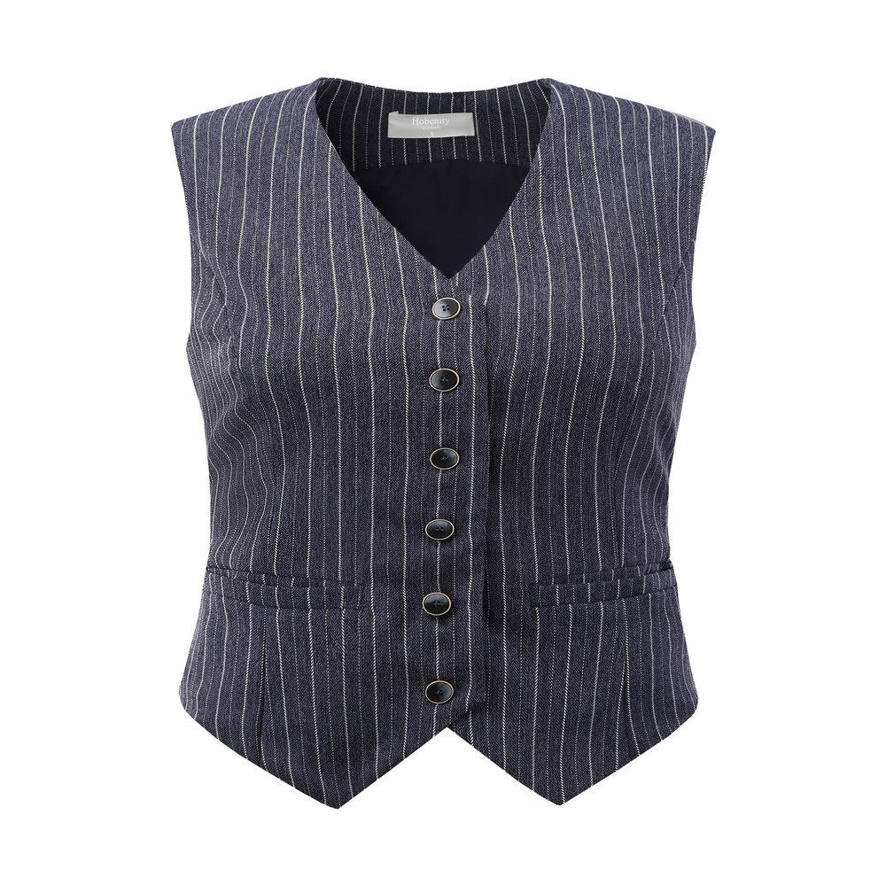 Hobemty Women's Pinstripe Waistcoat Button Down Vintage Striped Vest X-Large Blue