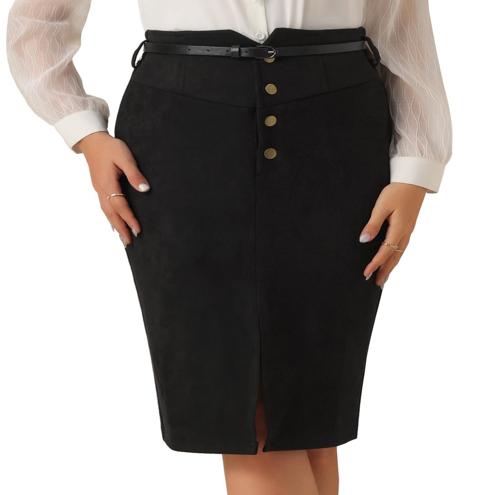 Allegra K Faux Suede Skirt for Women's High Rise Button Front A-line Slit Skirt X-Large Black