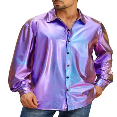 FYMNSI Men's Holographic Metallic Button Down Shirt Long Sleeve Lapel Collar 70s Disco Shirts Tops Party Nightclub Costume Rave Outfits Halloween Christmas Prom Streetwear Laser Purple 2XL
