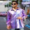 FYMNSI Men's Holographic Metallic Button Down Shirt Long Sleeve Lapel Collar 70s Disco Shirts Tops Party Nightclub Costume Rave Outfits Halloween Christmas Prom Streetwear Laser Purple 2XL view 2