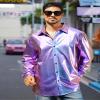 FYMNSI Men's Holographic Metallic Button Down Shirt Long Sleeve Lapel Collar 70s Disco Shirts Tops Party Nightclub Costume Rave Outfits Halloween Christmas Prom Streetwear Laser Purple 2XL view 3