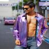 FYMNSI Men's Holographic Metallic Button Down Shirt Long Sleeve Lapel Collar 70s Disco Shirts Tops Party Nightclub Costume Rave Outfits Halloween Christmas Prom Streetwear Laser Purple 2XL view 4