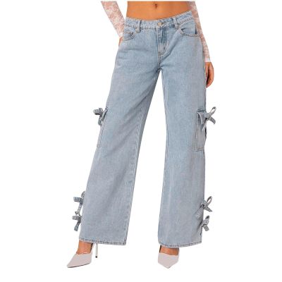 Akklian Y2k Cute Bow Jeans for Women Fairy Wide Leg Denim Pant Baggy Straight Leg Mid Rise Jeans Teen Girls Casual Streetwear