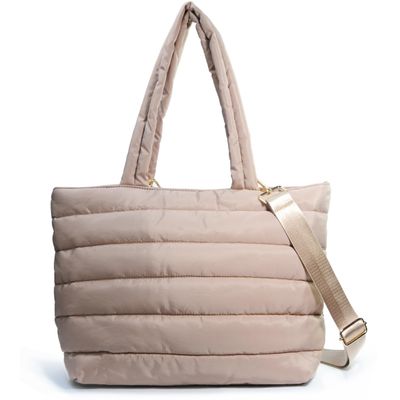 HOXIS Puffer Tote for Women Quilted Shoulder Handbag Lightweight Weekender Bag Purse for Work Travel Gym Shop (Nude)