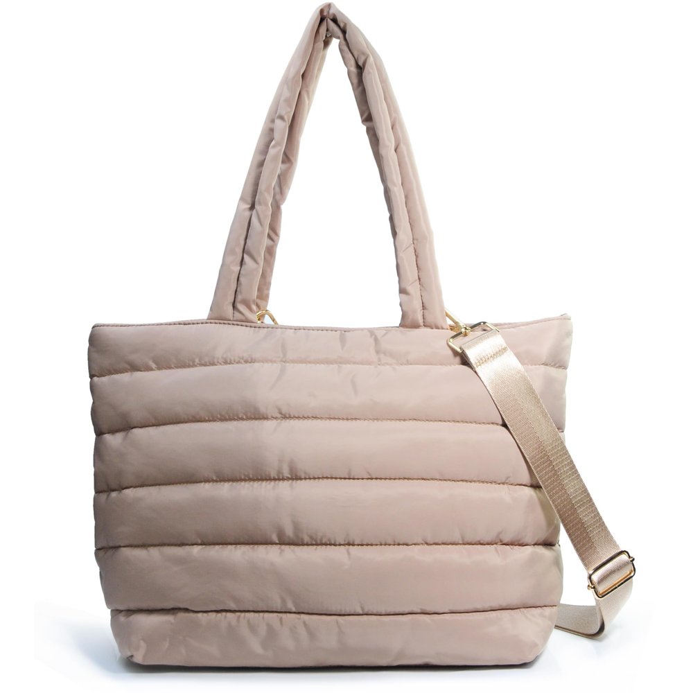 HOXIS Puffer Tote for Women Quilted Shoulder Handbag Lightweight Weekender Bag Purse for Work Travel Gym Shop (Nude)