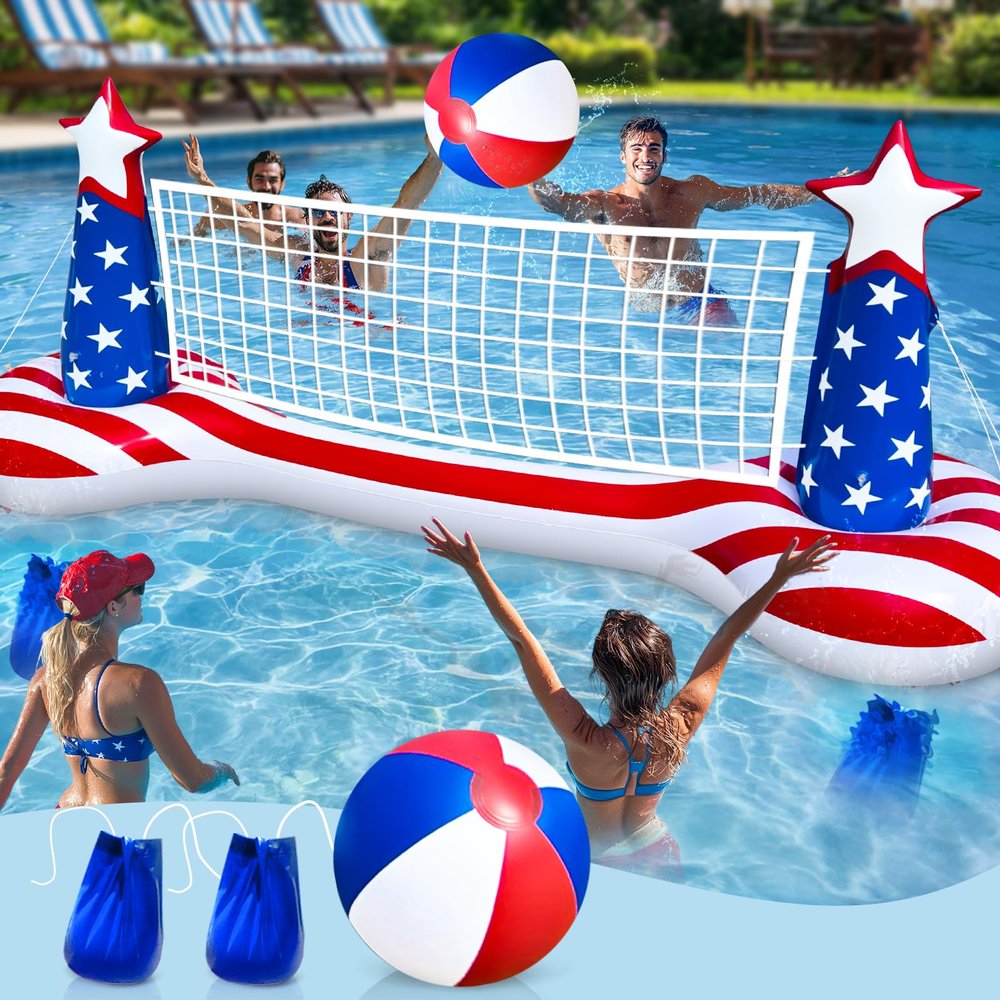 TURNMEON American Flag Pool Games Large Volleyball Net Pool Float Set