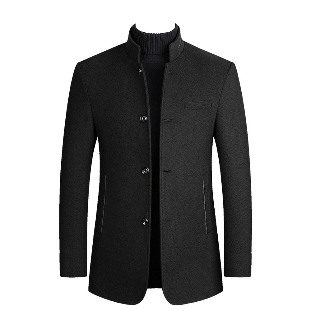 Mens Wool Blend Blazer Jacket Single Breasted Business Blazer Jacket Stand Collar Wool Blend Coat Wih Pockets (Black4,Medium)