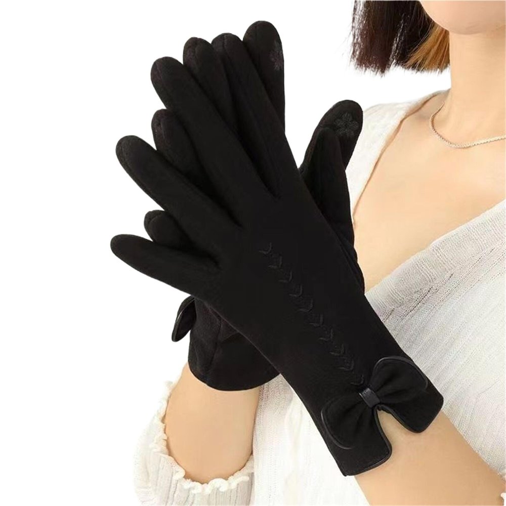 Winter Touch Screen Warm Gloves for Women Fashion Bow Velvet Lining Cycling Mittens Female(black)
