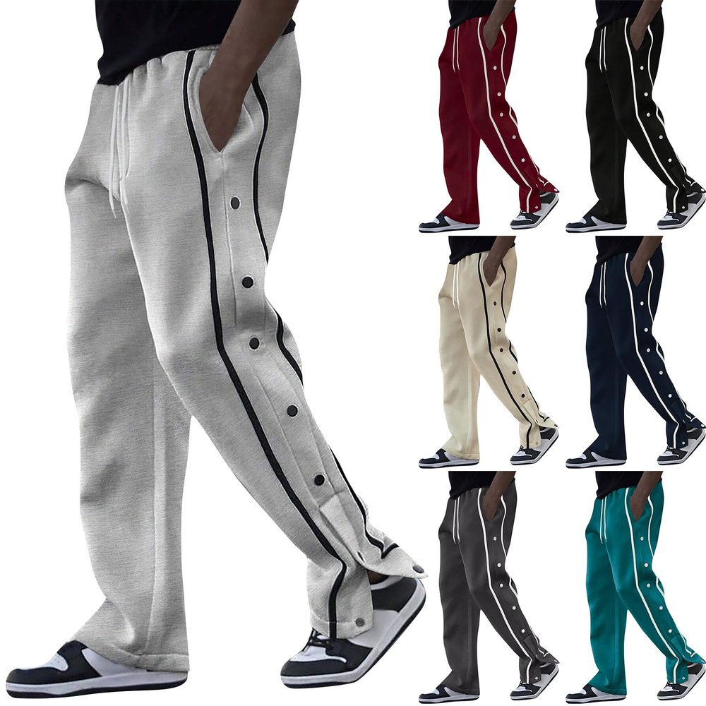 Baggy Sweatpants Men Open Bottom Elastic Waist Drawstring Pants Comfy Side Button Workout Athletic Pants with Pockets Mens Black Sweatpants Mens Sweatpants Wide Leg Track Pants