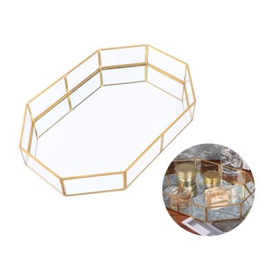 CONGARTENO Decorative Copper Jewelry Tray with Mirrored Glass Organizer for Vanity Elongated Design Elegant Storage for Necklaces and Accessories