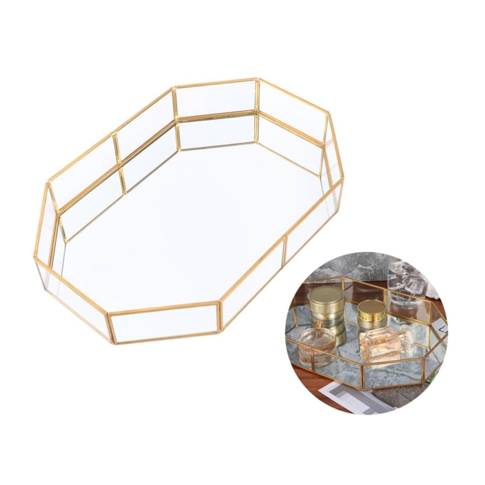 CONGARTENO Decorative Copper Jewelry Tray with Mirrored Glass Organizer for Vanity Elongated Design Elegant Storage for Necklaces and Accessories