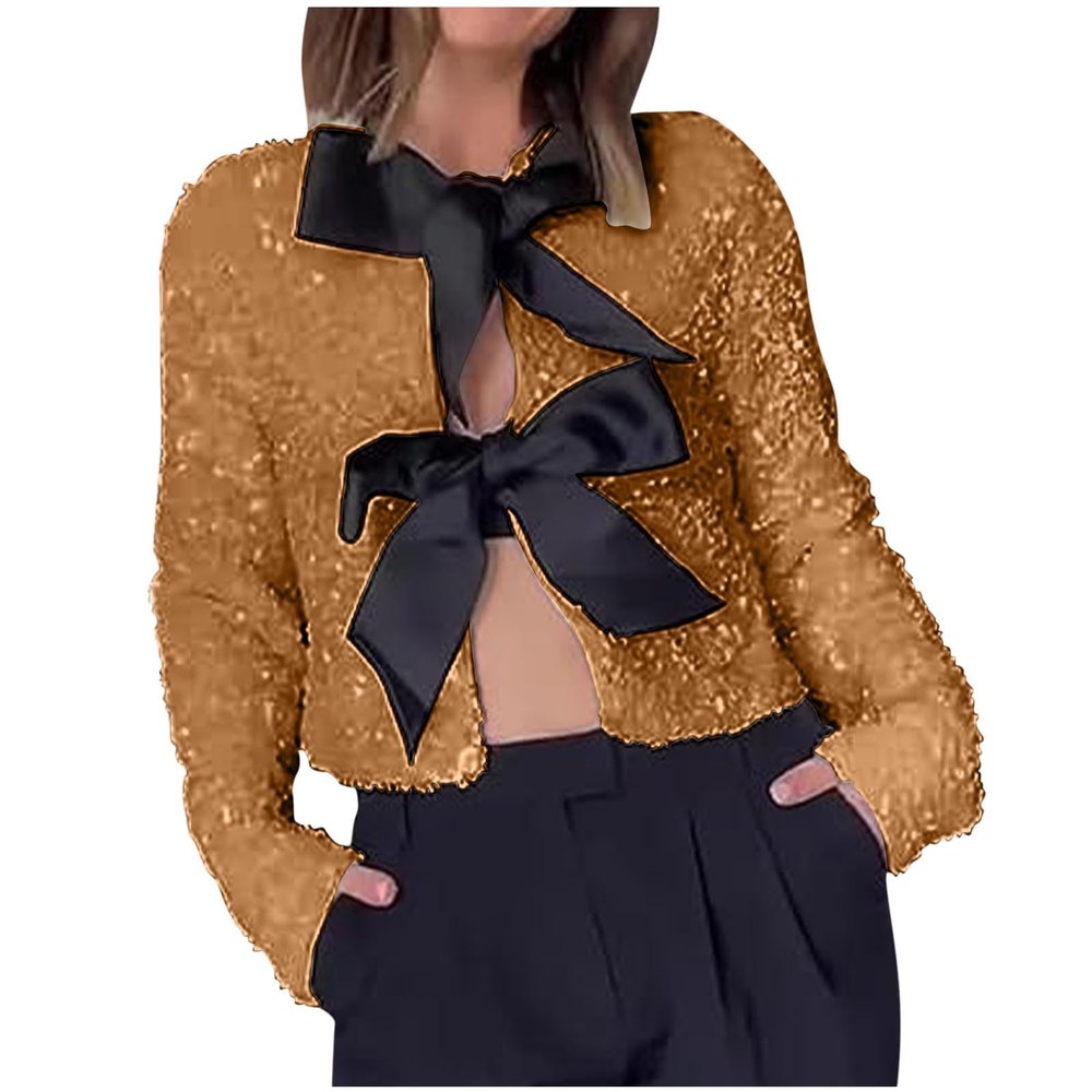 Akklian Women's Sequin Tops Trendy Cute Bow Tie Front Velvet Shirt Jacket Fashion Glitter Party Long Sleeve Cropped Coats