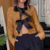 Akklian Women's Sequin Tops Trendy Cute Bow Tie Front Velvet Shirt Jacket Fashion Glitter Party Long Sleeve Cropped Coats view 2