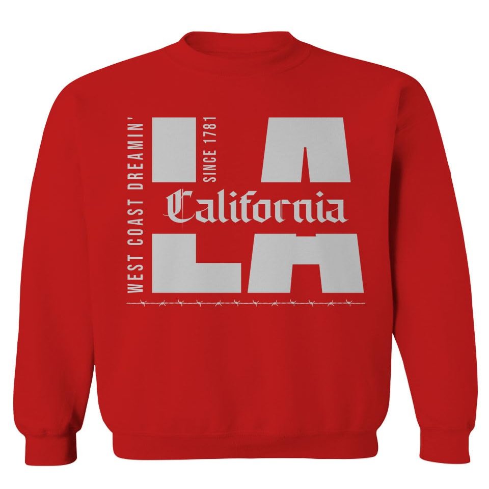 0574. Street wear Hip hop Los Angeles Cool Graphic cali California LA Summer Men's Crewneck Sweatshirt (Red, Medium)