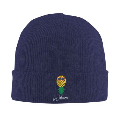 Jmmxp Funny Pineapple Welcome Upside Down Pineapple Beanie Hat Men Women Knit Hat Slouchy Skull Cap Knitted Hat Navy Blue