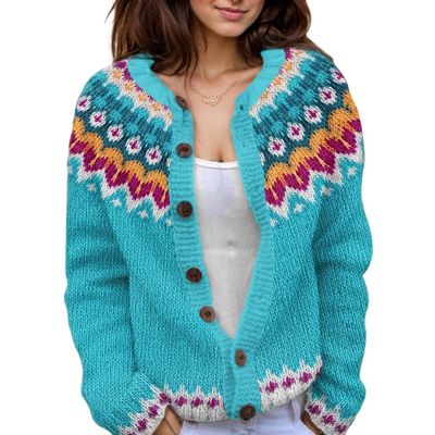 Akivide Women's Fall Cute Floral Print Open Front Knit Cardigan Sweater Winter Casual Loose Button Down Long Sleeve Coat