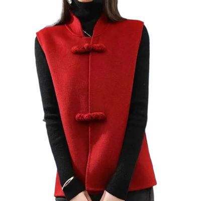 LIXINGHEITANG Women's Autumn and Winter Woolen Vest Stand Collar Button Chinese Style S2 Red XL