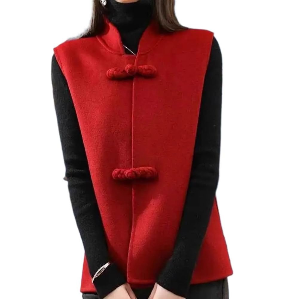 LIXINGHEITANG Women's Autumn and Winter Woolen Vest Stand Collar Button Chinese Style S2 Red XL