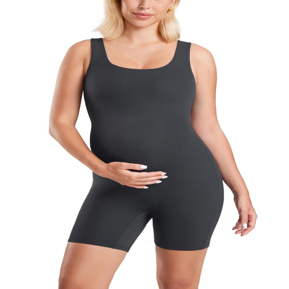 MOMANDA Women' s Maternity Bodysuit Sleeveless Shorts Jumpsuit Square Neck Tank Top for Pregnancy Mysterious Grey Large