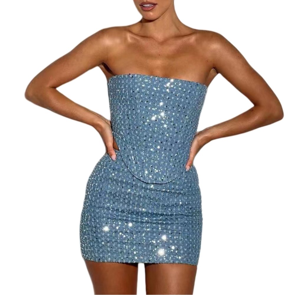 AMPOSSTO Women's Sequin Denim 2 Piece Outfits Sexy Zip Up Bustier Crop Tops Mini Skirt Set for Party Club