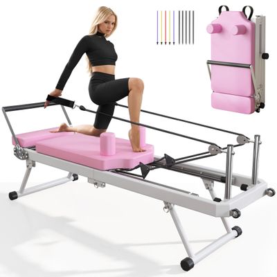 SogesPower 78" Pilates Reformer Machine for Home Gym Workout, Foldable Pilates Equipment with Springs and Cords for Dual Resistance, 400 LBS Pink