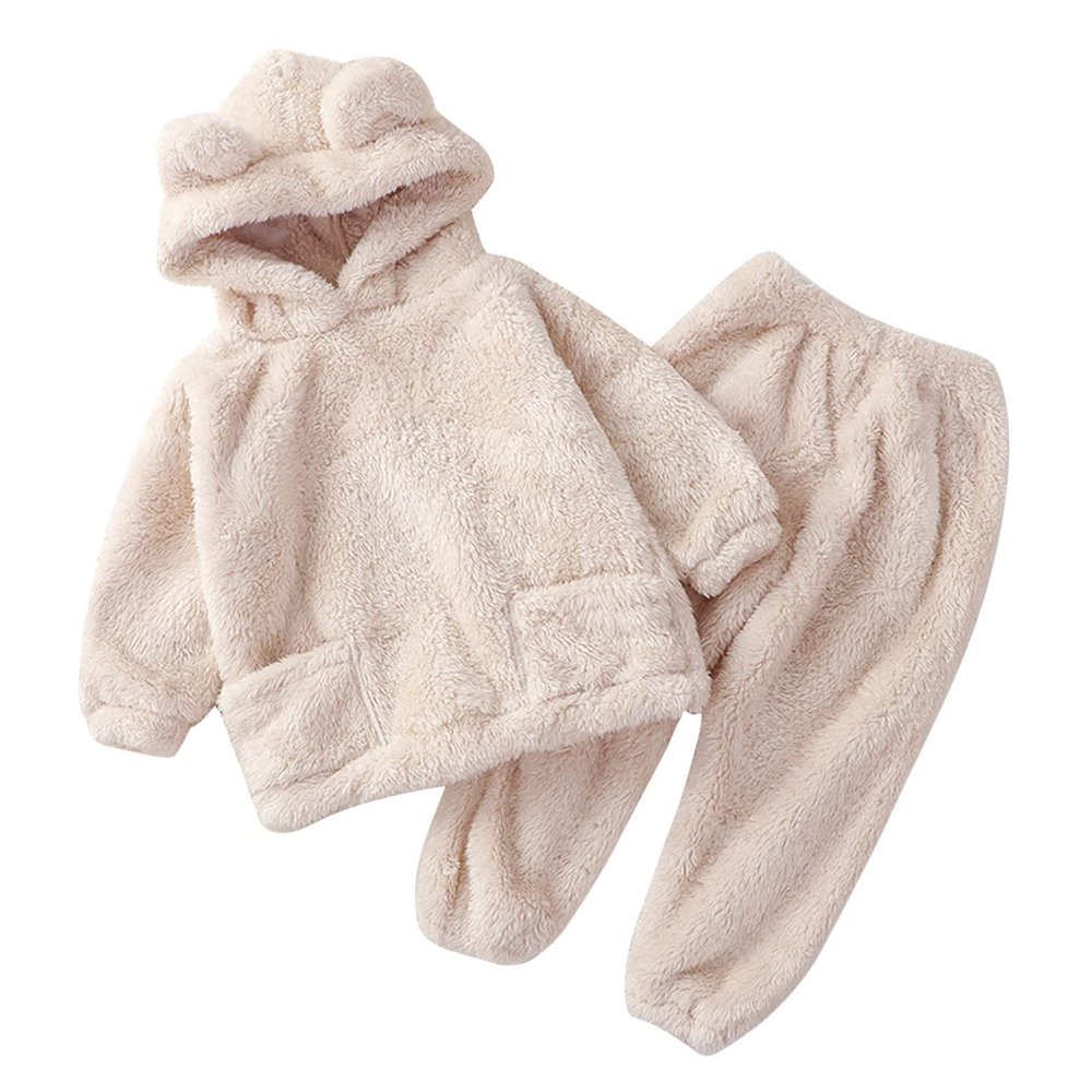 AIMAOMI Boys Girls 2pcs Velvet Hooded Tracksuit Toddler Kids Fleece Hoodi Top Sweatpants Jogger (Beige, 4-5 Years)
