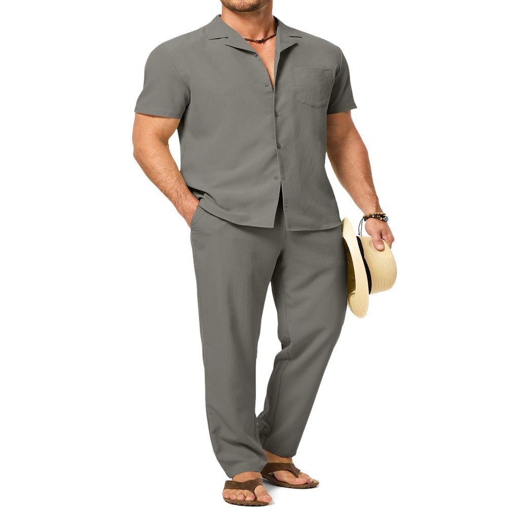 Dokotoo Men Men's Vacation Outfit Summer Short Sleeve Sets for Men Solid Linen Beach Outfits Casual Cuban Button Up Shirts Drawstring Pants with Pockets Dark Grey Small
